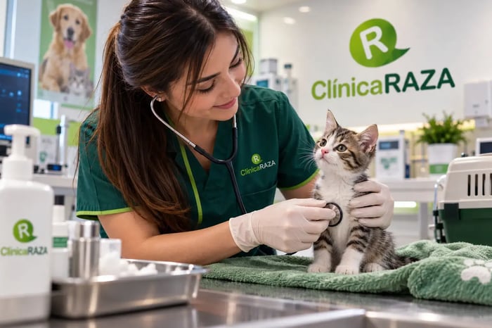 Veterinaria examinando a un gatito | Clínica Raza