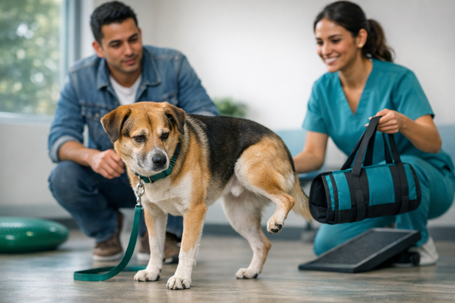 Photorealistic scene in a modern Colombian veterinary rehabilitation clinic: a medium mixed-breed dog slightly lifting its right hind leg, showing mil